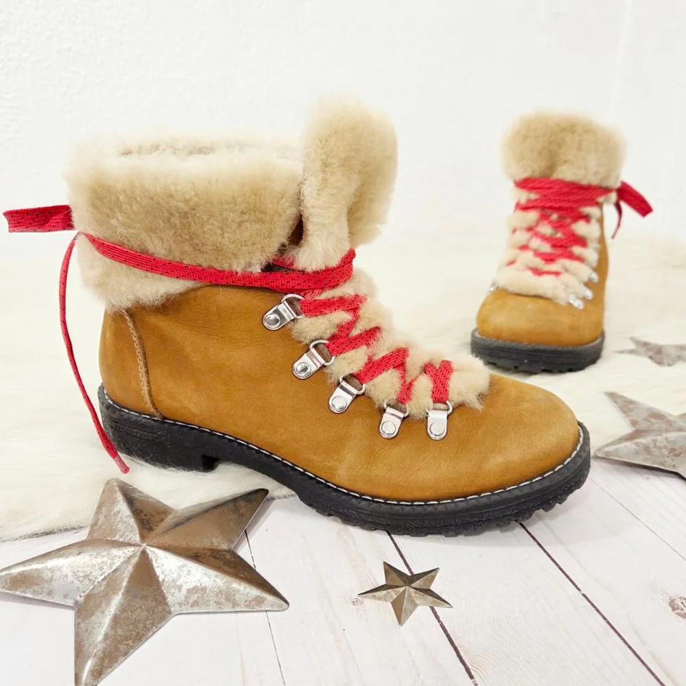 J. Crew Nordic boots pecan brown leather shearling lined red laces women's sz 7